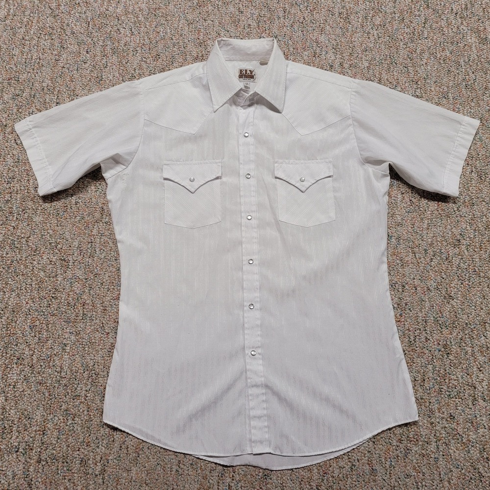 Ely Cattleman Western Shirt Mens Medium White Pearl Snap Short Sleeve Cowboy